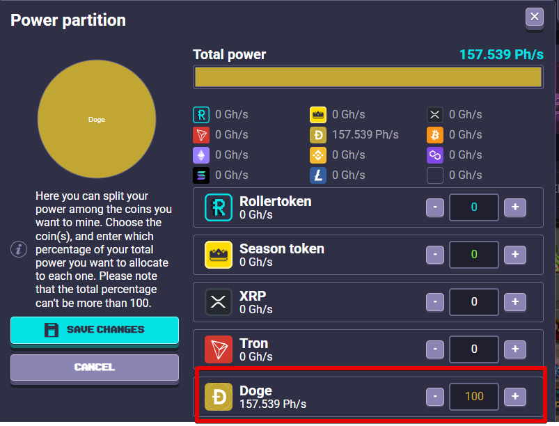 RollerCoin マイニングDOGE100%