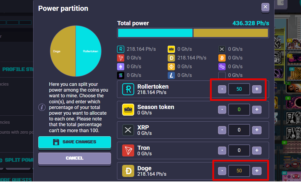 RollerCoin マイニング RLT50%DOGE50%