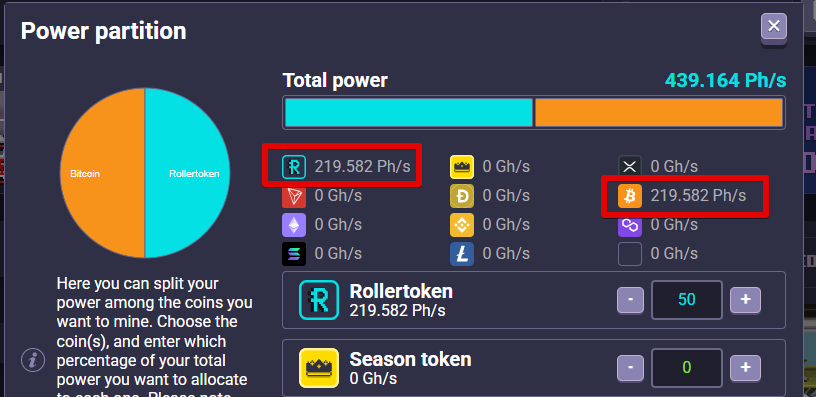 RollerCoin マイニング RLT50%BTC50%